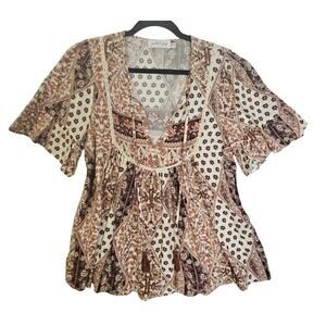 Petal and Pup Boho‎ Sz8 Hippie 70s Vibe blouse w Tassles. Floral. Lace Accents.